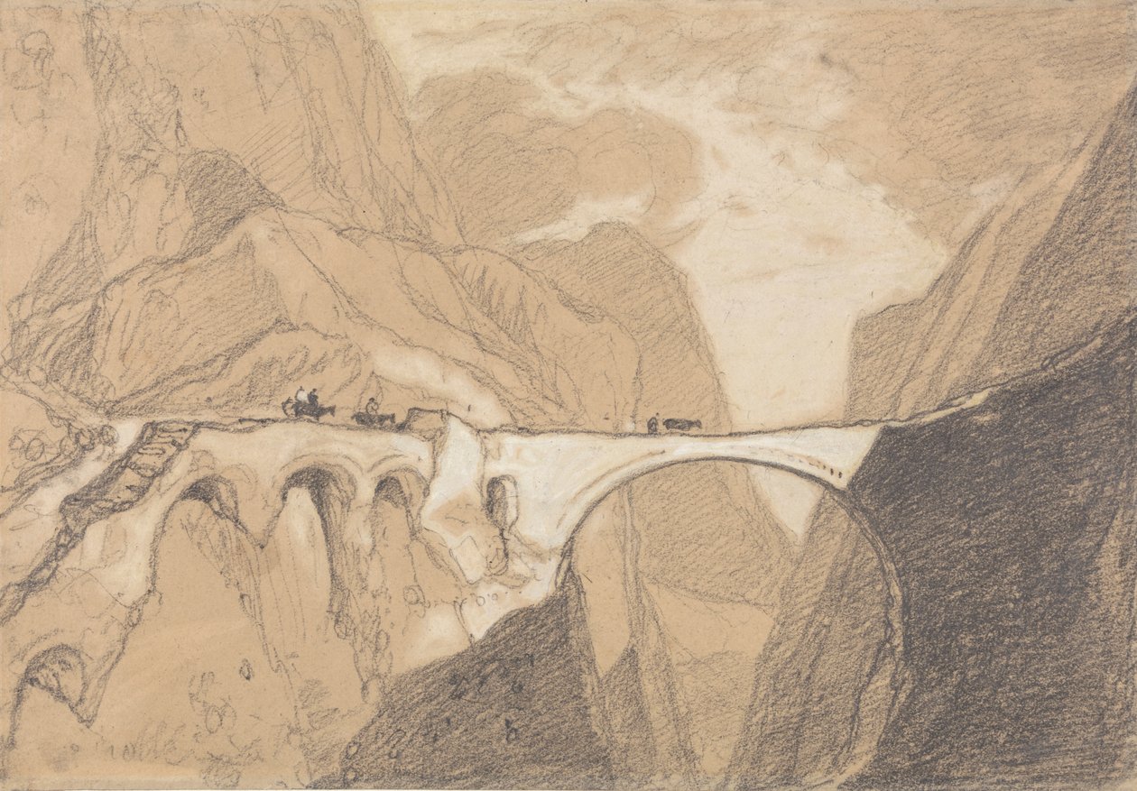 Rejsende, der krydser en bro over en alpine kløft af John Sell Cotman