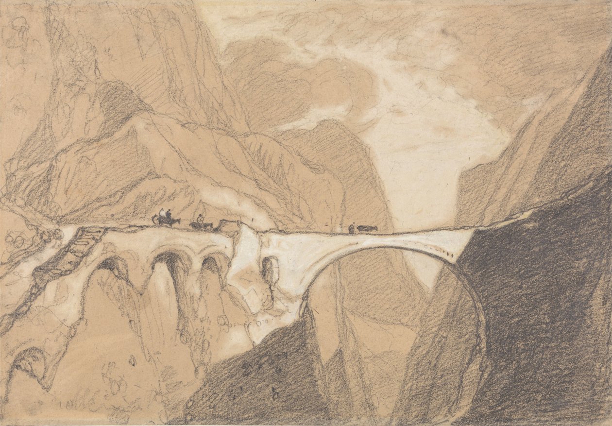 Rejsende krydser en bro over en alpeslugt af John Sell Cotman