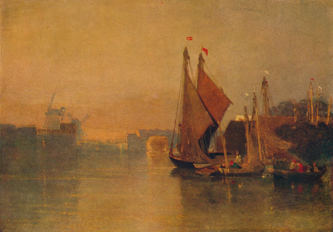 Udsigt fra Yarmouth Bridge, Norfolk, ser mod Breydon, lige efter solnedgang, c1823 af John Sell Cotman
