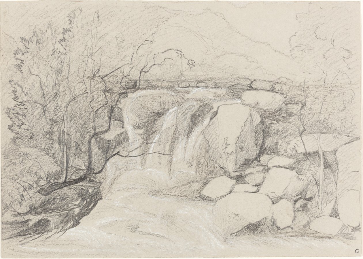 Vandfald med klipper af John Sell Cotman