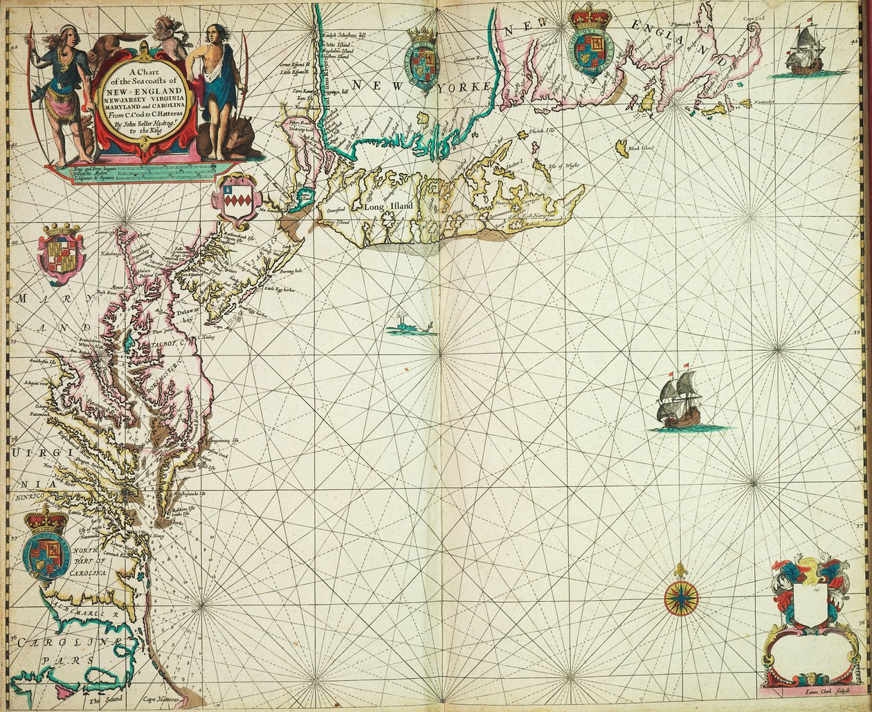 Et kort over kysterne i New England, New Jersey, Virginia, Maryland og Carolina fra Cape Cod til Cape Hatteras. af John Seller