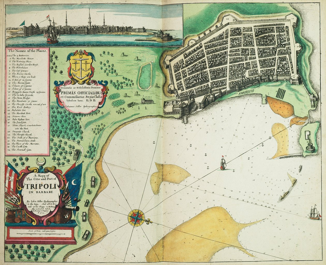 Et kort over byen og havnen i Tripoli på Barbaresk. af John Seller