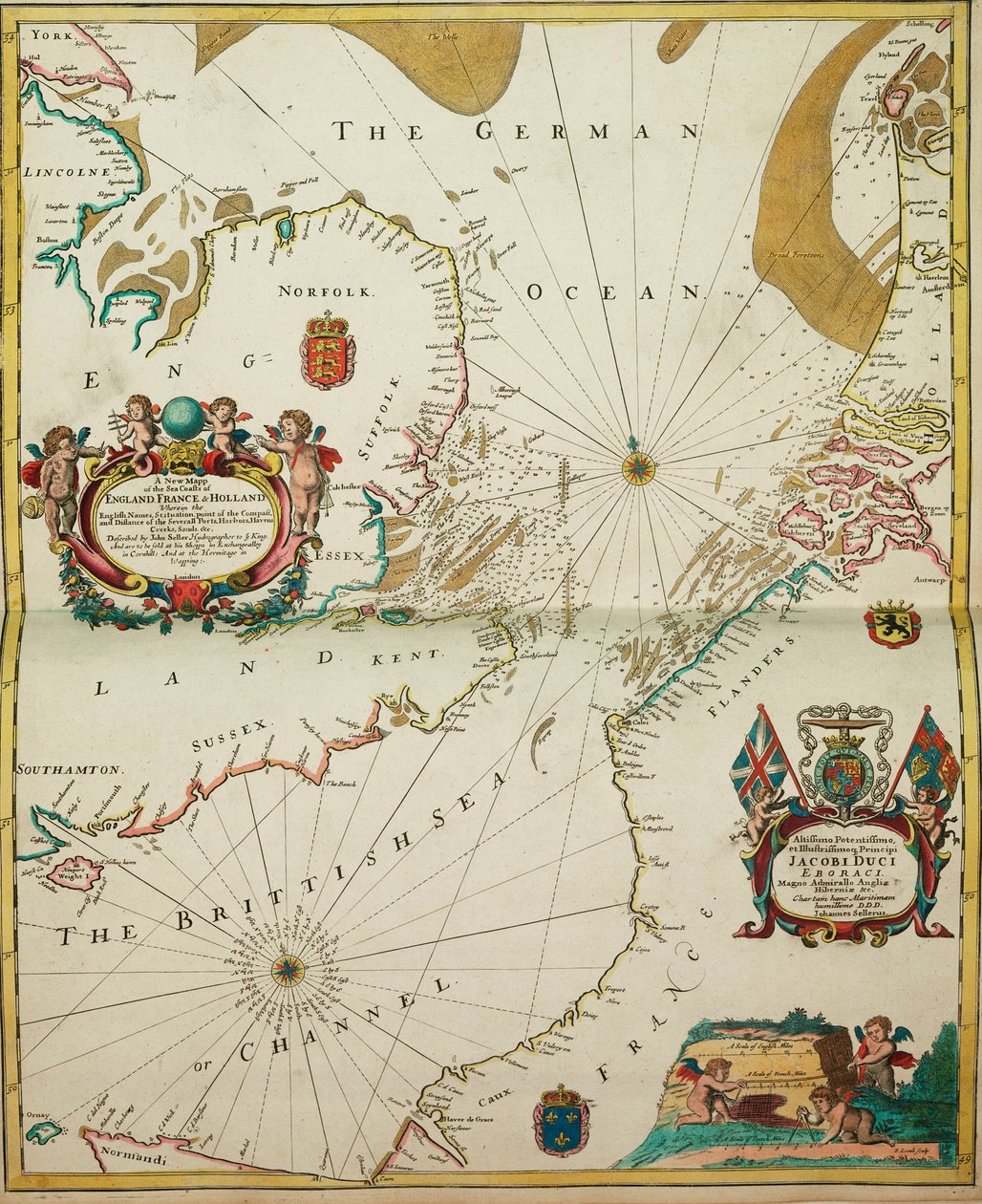 "En ny kortlægning af Englands, Frankrigs og Hollands kyster, med de engelske navne, beliggenhed, kompasretning og afstand til de forskellige havne, havnemiljøer, bugter og strande. af John Seller