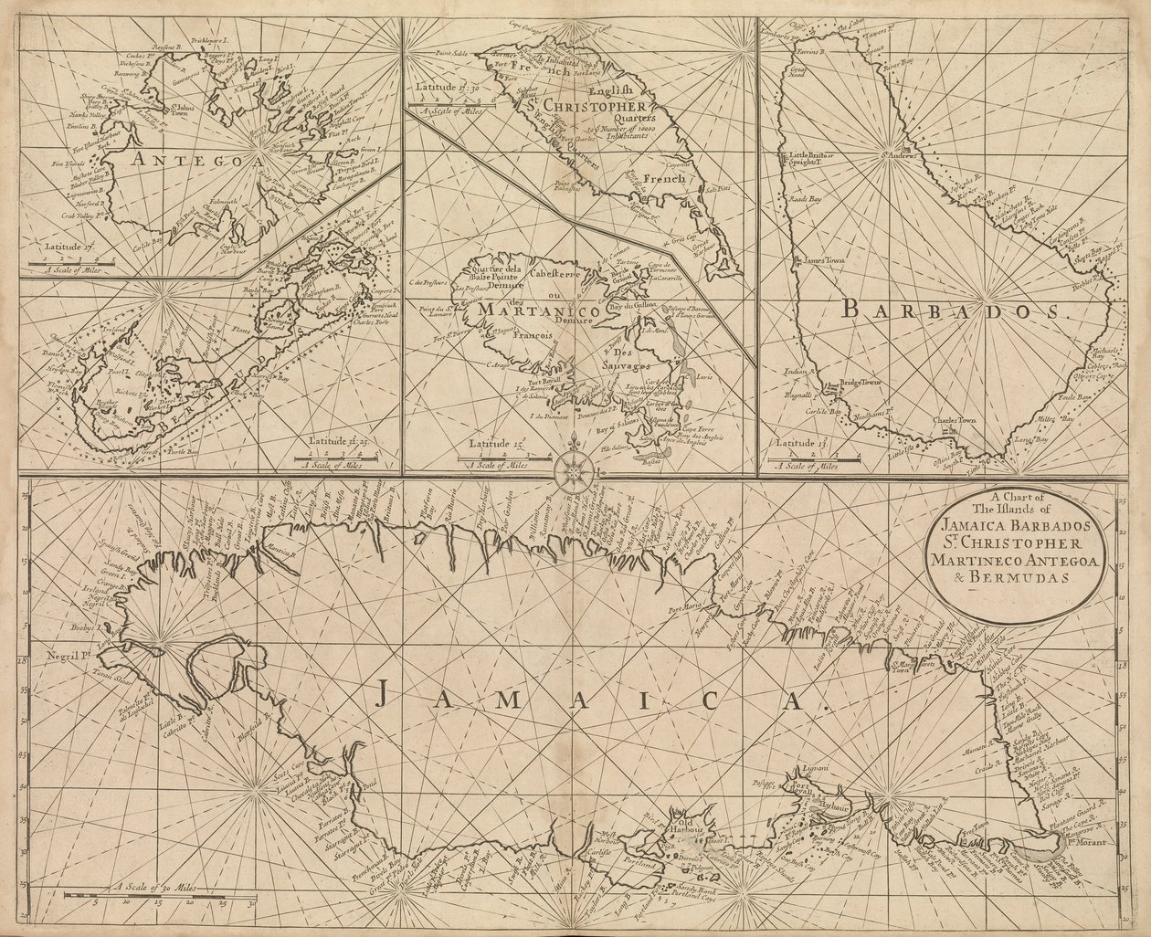 Kort over Jamaica, Barbados, St Christopher, Martinique, Antigua og Bermuda af John Seller