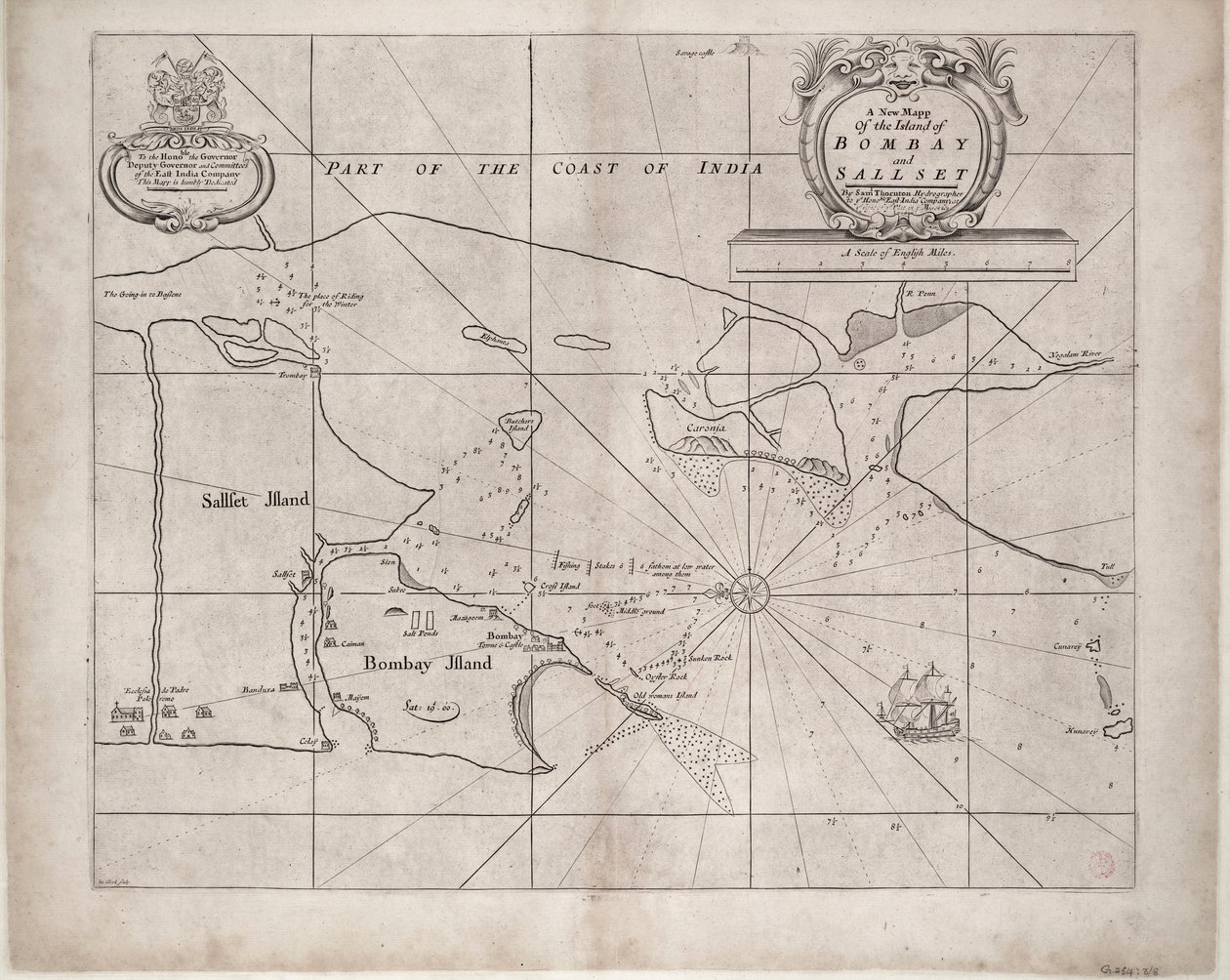 Kort over Bombay og Sallset af Samuel Thornton, hydrograf for det østindiske kompagni, udgivet første gang ca. 1685 af John Seller