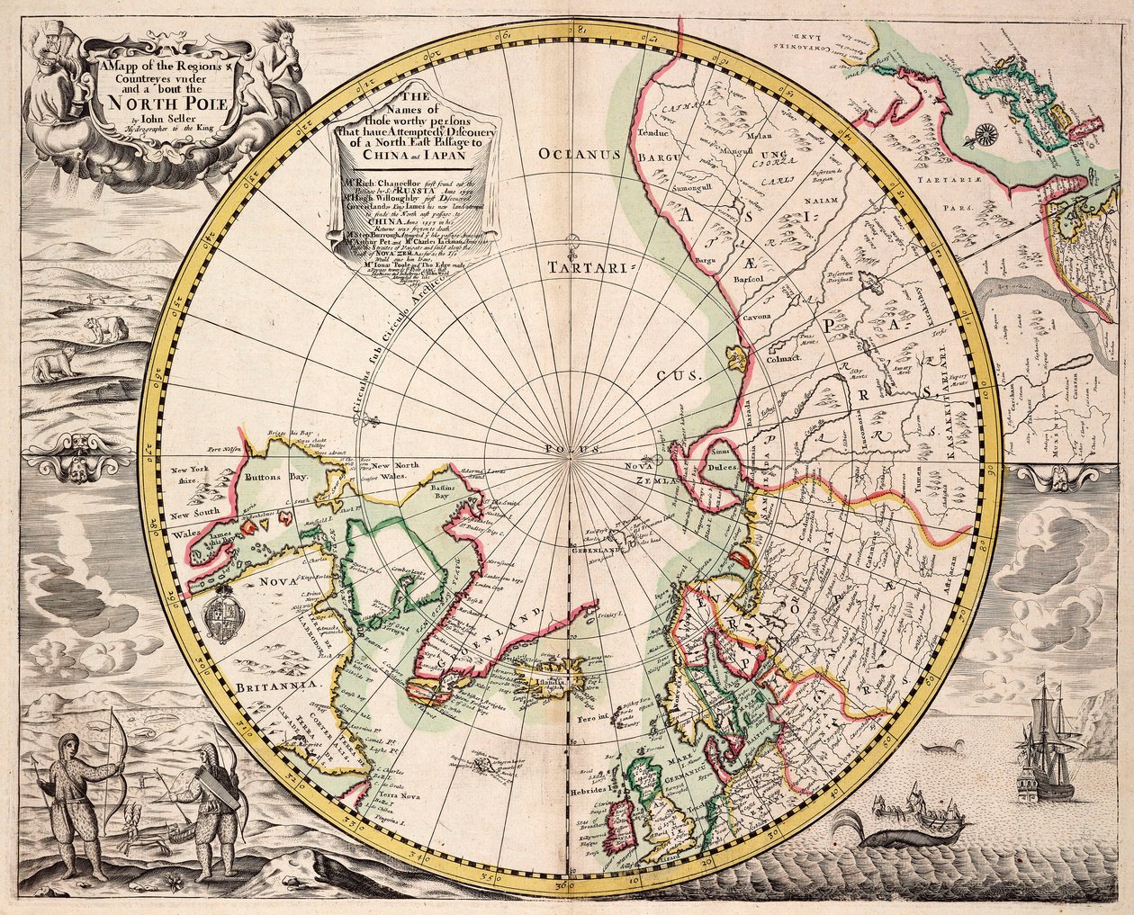 Polarprojektionskort med polarcirkel, ca. 1680 (koloreret stik) af John Seller