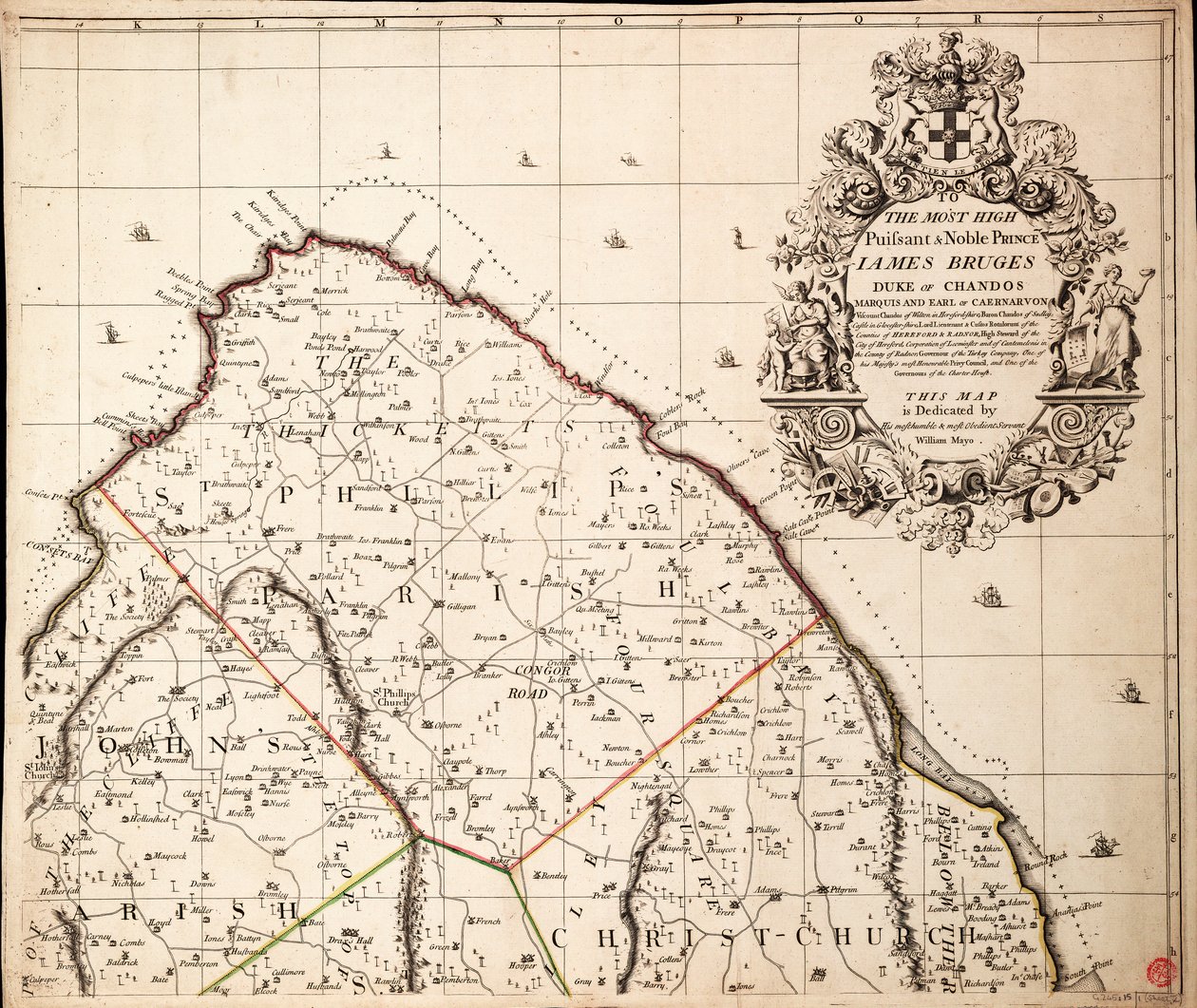 Et nyt og nøjagtigt kort over øen Barbados i Amerika i henhold til opmåling foretaget i årene 1717 til 1721 af William Mayo af John Senex