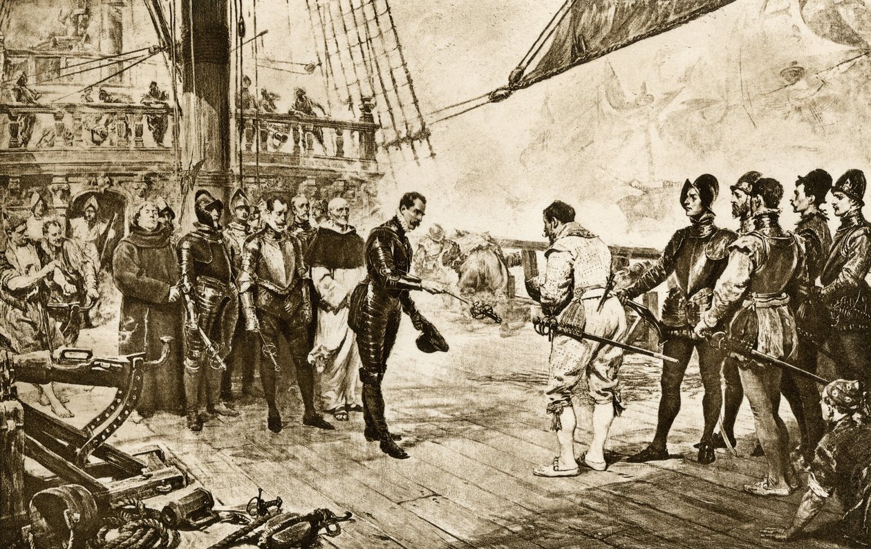 Admiralen for den spanske armada afleverer sin kårde til Francis Drake (1540-1596) af John Seymour (after) Lucas