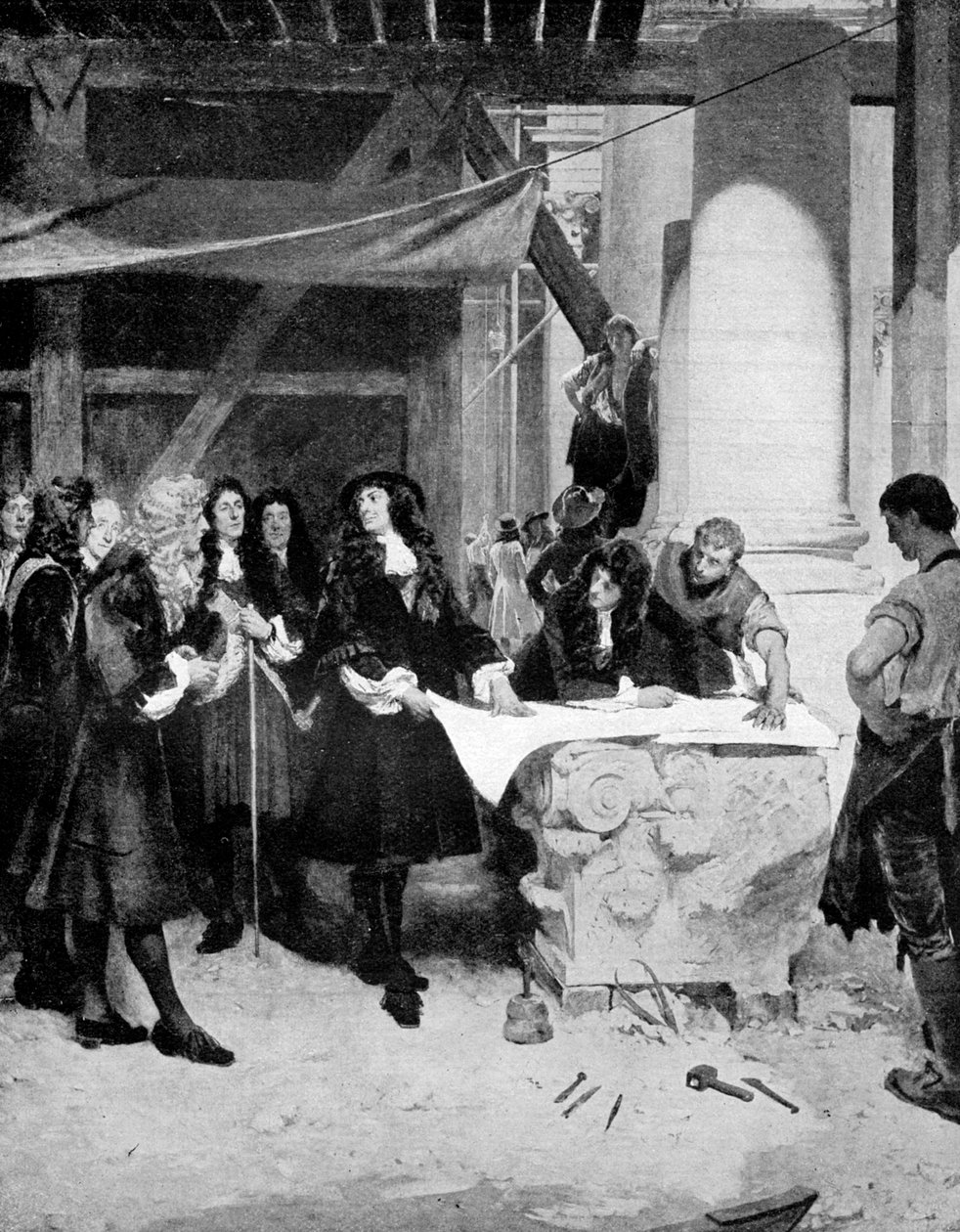 Charles II besøgte Sir Christopher Wren under bygningen af St Pauls Cathedral, London, 1909. af John Seymour Lucas