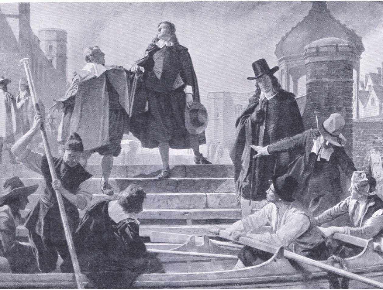 Flight of the five members, illustration fra The History of the British People udgivet af Waverley, ca. 1940 (litho) af John Seymour Lucas