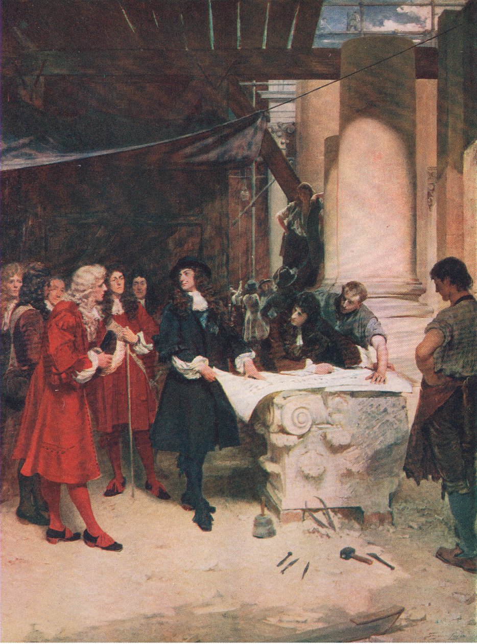 King Charles besøger Eren under bygningen af St. Pauls, illustration fra The History of the British People udgivet af Waverley, ca. 1940 (litho) af John Seymour Lucas