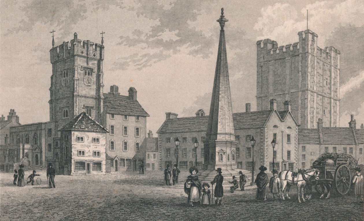 Market Place Richmond, Trinity Church og Keep of Richmond Castle, 1831 af John Shury