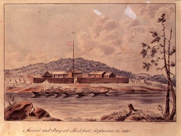 Ankomst og ophold i Rockfort, 1821 (wc på papir) af John Simpson