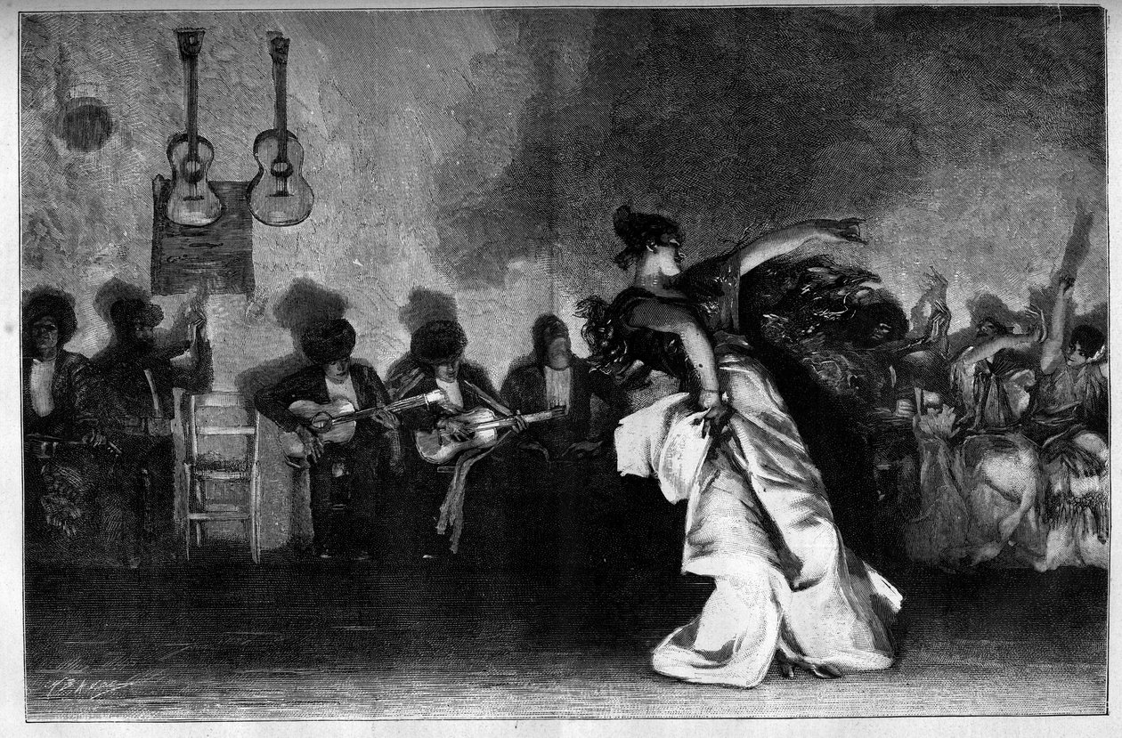 El Jaleo - Gypsy Dances. Guitarister og flamencodanser. Gravering efter maleriet af John Singer Sargent (1856-1925) i "" The Illustrous World"" nr. 1335 af 28. oktober af John Singer (after) Sargent