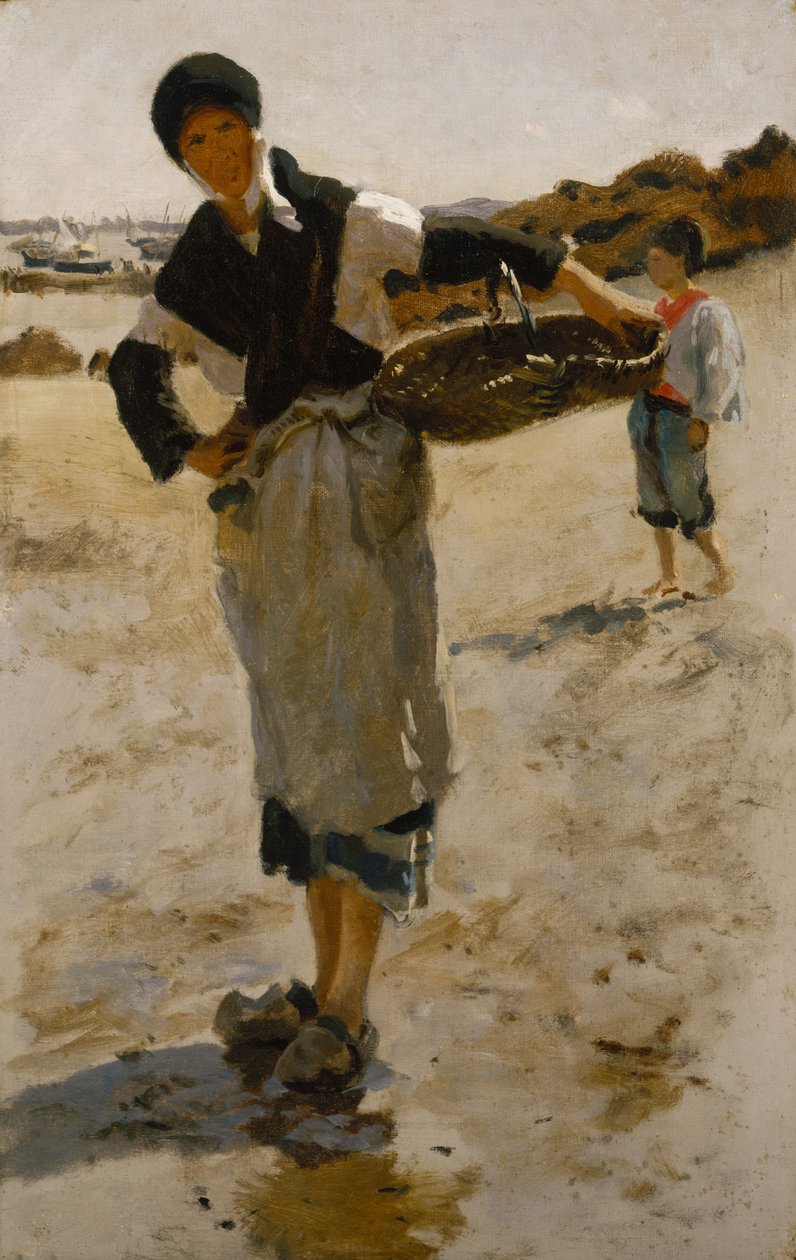 Bretonsk kvinde med en kurv, skitse for østerssamlere i Cancale af John Singer Sargent