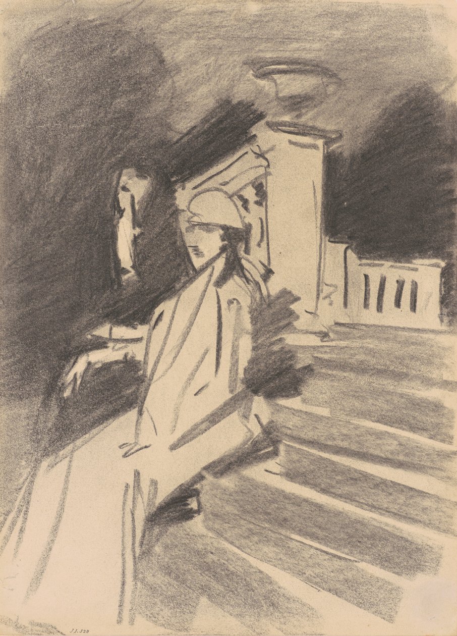 Ved springvandet, Villa Torlonia, Frascati, ca. 1907 (kul på vævet papir) af John Singer Sargent