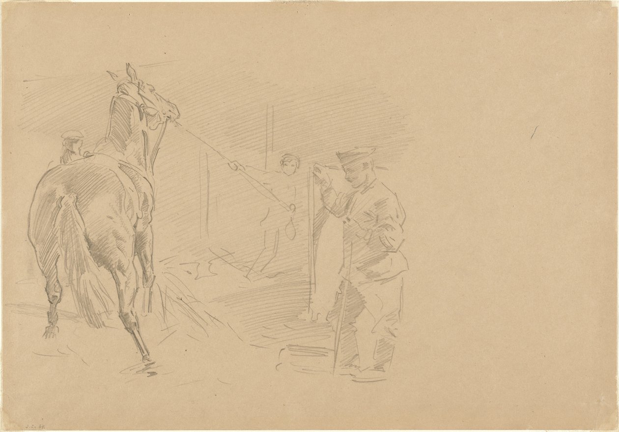 Mand trækker en hest ind i en bås af John Singer Sargent