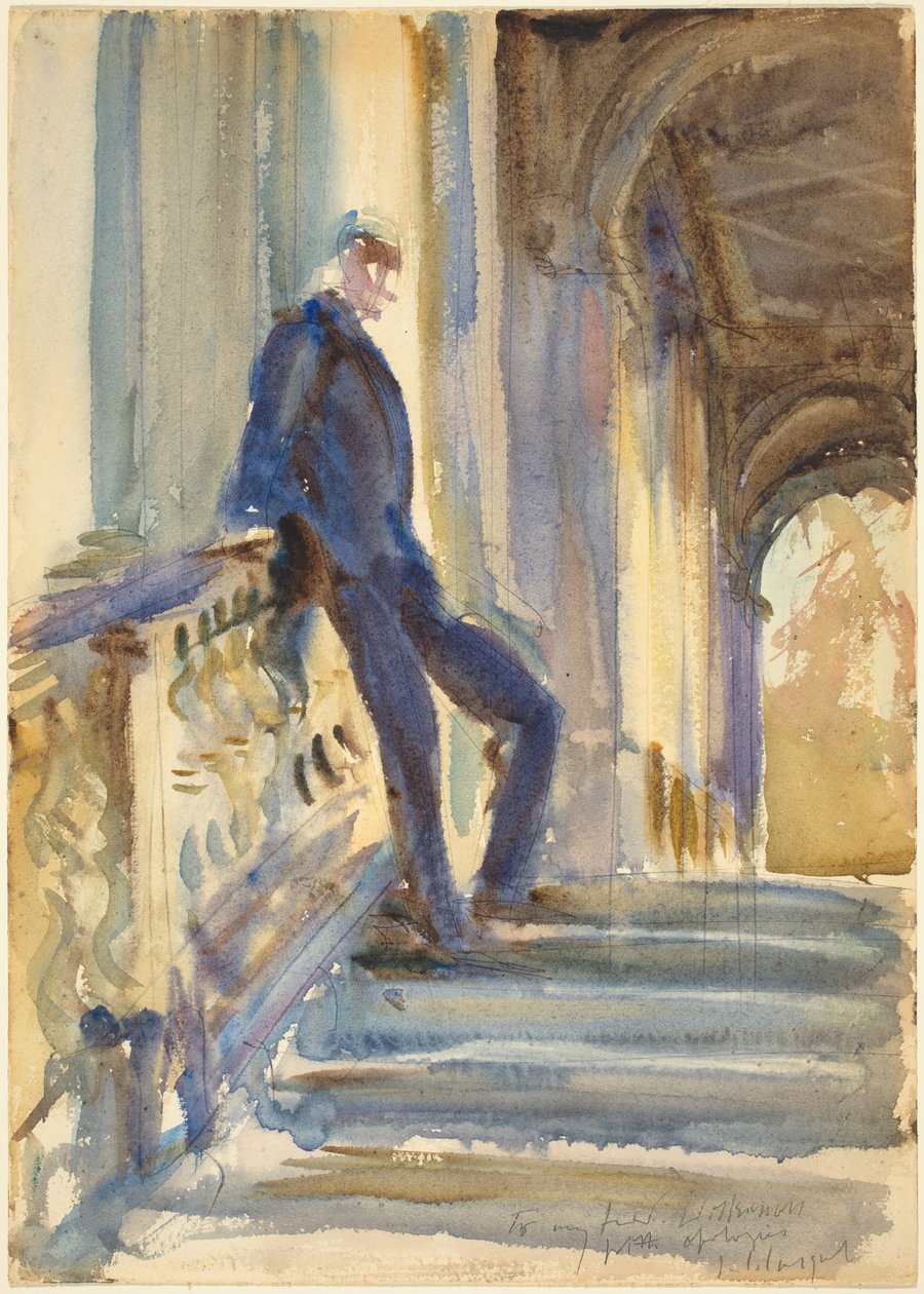 Sir Neville Wilkinson på trappen til Palladian Bridge ved Wilton House, 19041905. af John Singer Sargent