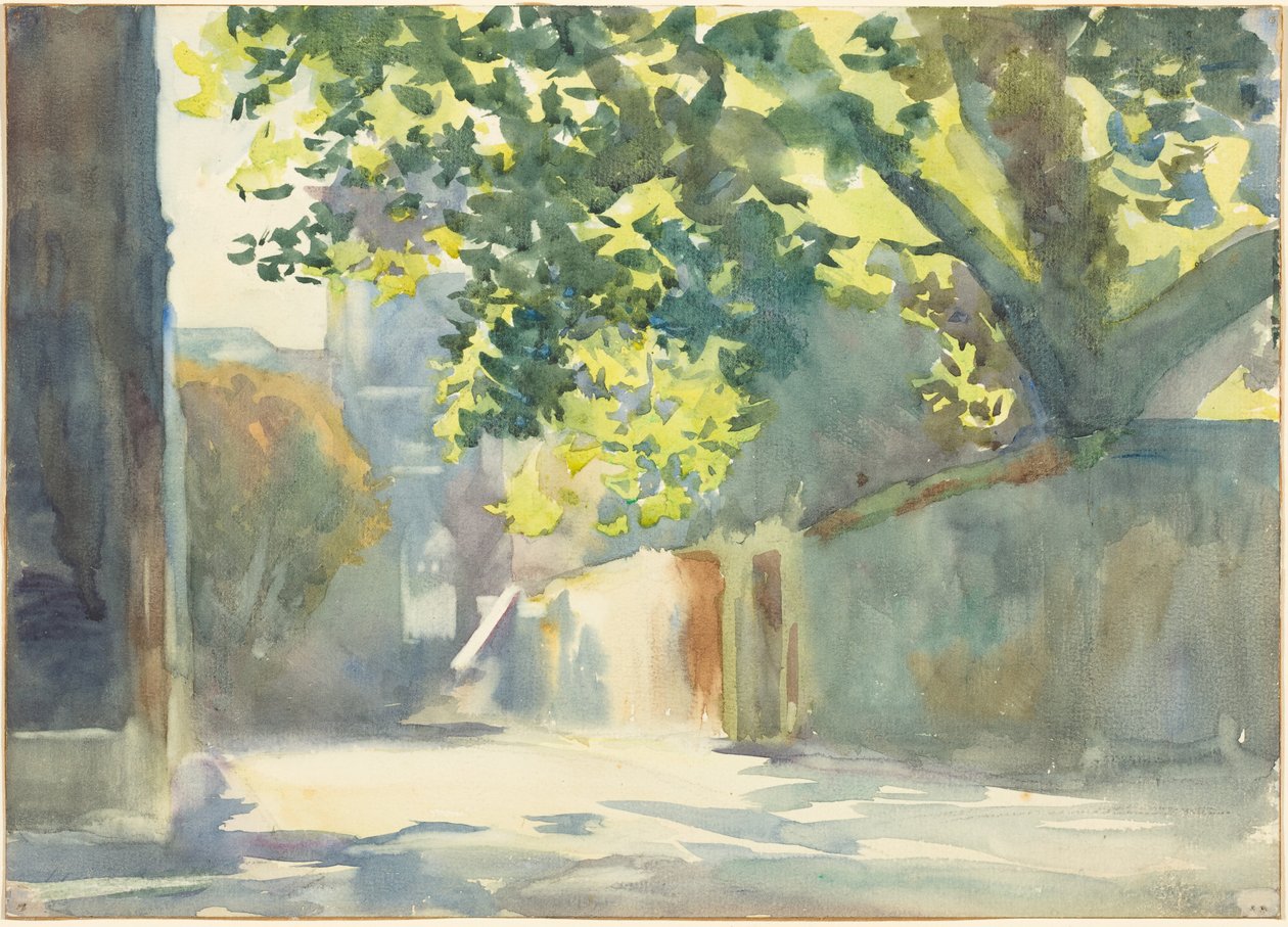 En solbeskinnet mur under et træ af John Singer Sargent