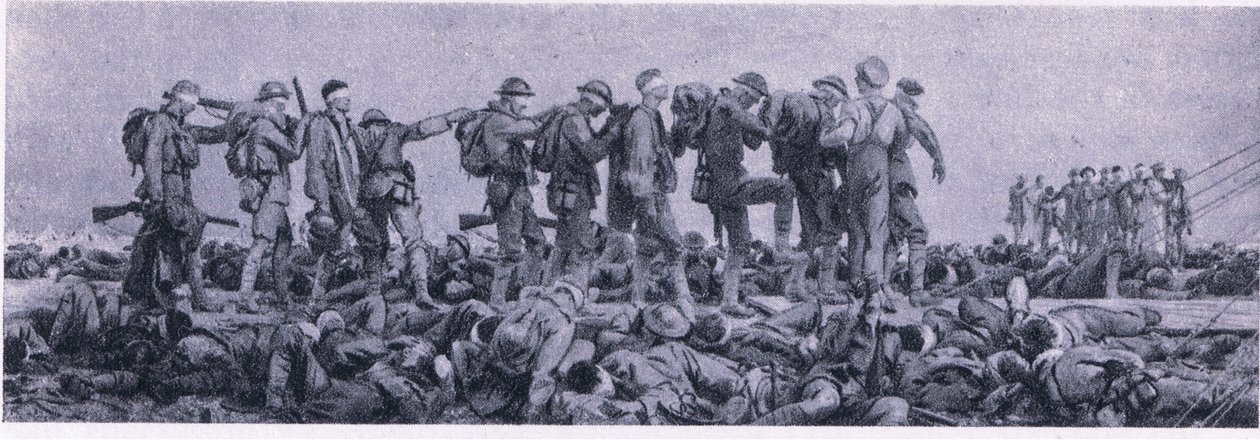 Omklædningsstationen. Tab som følge af sennepsgas, fra British Adventure udgivet af Collins, 1947 af John Singer Sargent