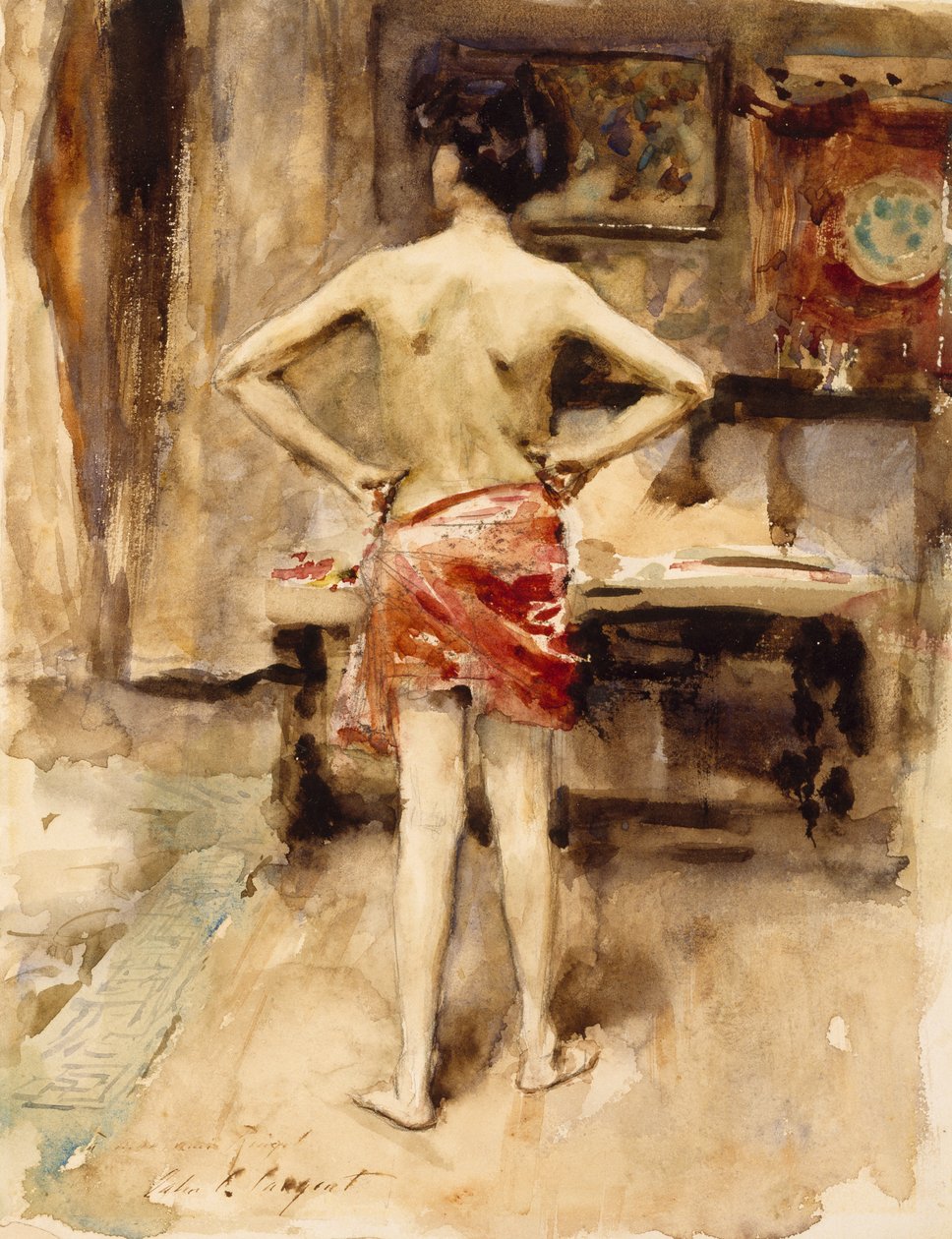 The Model, 1876 (wc over grafitblyant på vævet papir) af John Singer Sargent