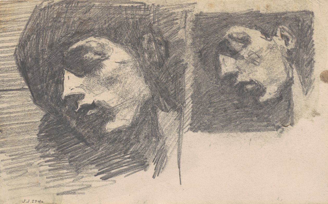 To hoveder, 1875-80 (grafit på vævet papir) af John Singer Sargent