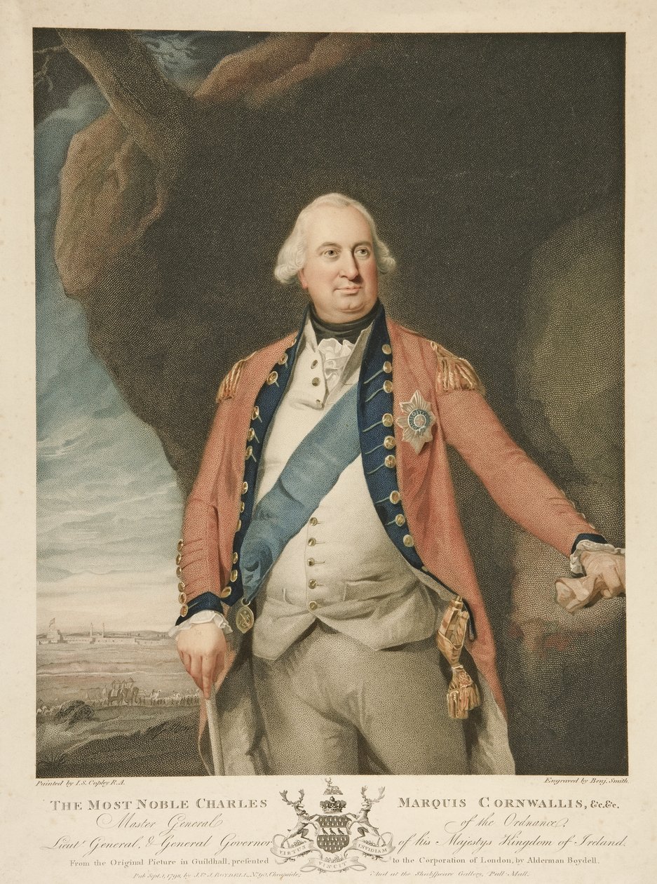The Most Noble Charles Marquis Cornwallis, pub. 1798 (farvegravering) af John Singleton (after) Copley