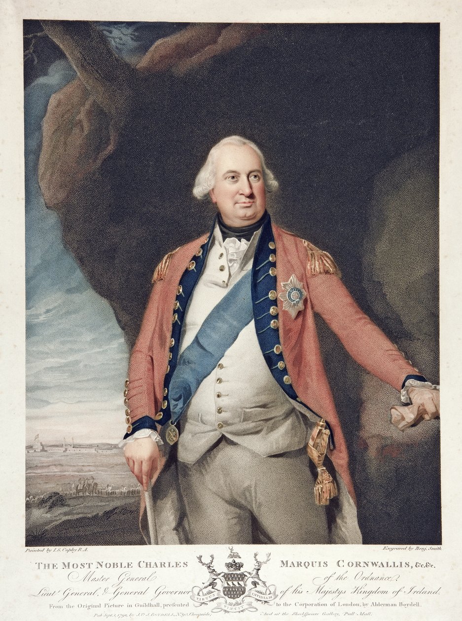 The Most Noble Charles Marquis Cornwallis, pub. 1798 (farvet gravering) af John Singleton (after) Copley