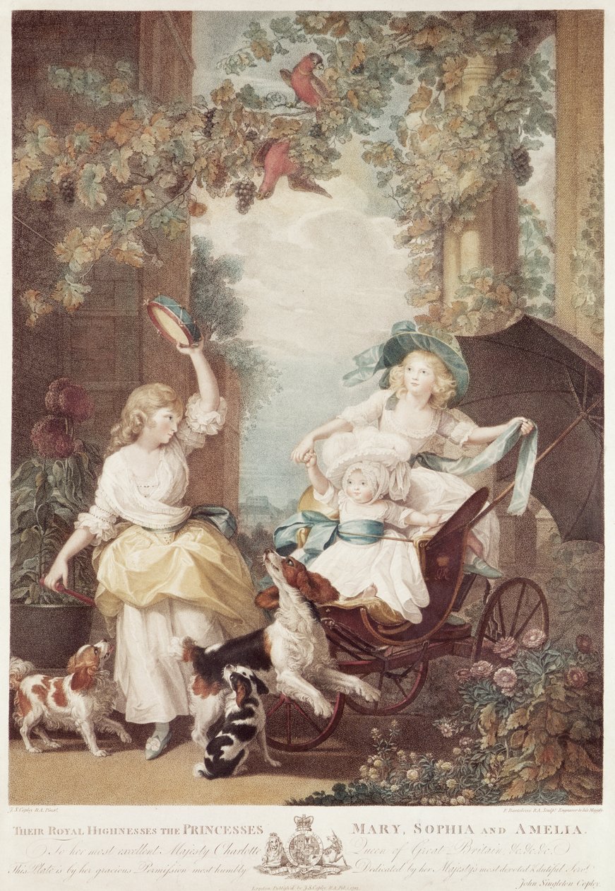 Prinsesserne Mary (1776-1857), Sophia (1777-1848) og Amelia (1783-1810), døtre af George III, graveret af Francesco Bartolozzi (1727-1815) (mezzotintestempling) af John Singleton Copley