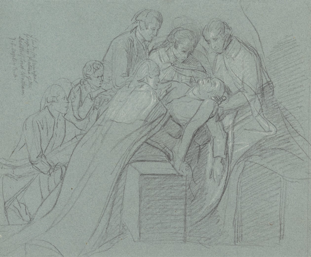 Studie for Central Group in the Death of Earl of Chatham (sort kridt, forhøjet med hvidt på blåt papir) af John Singleton Copley
