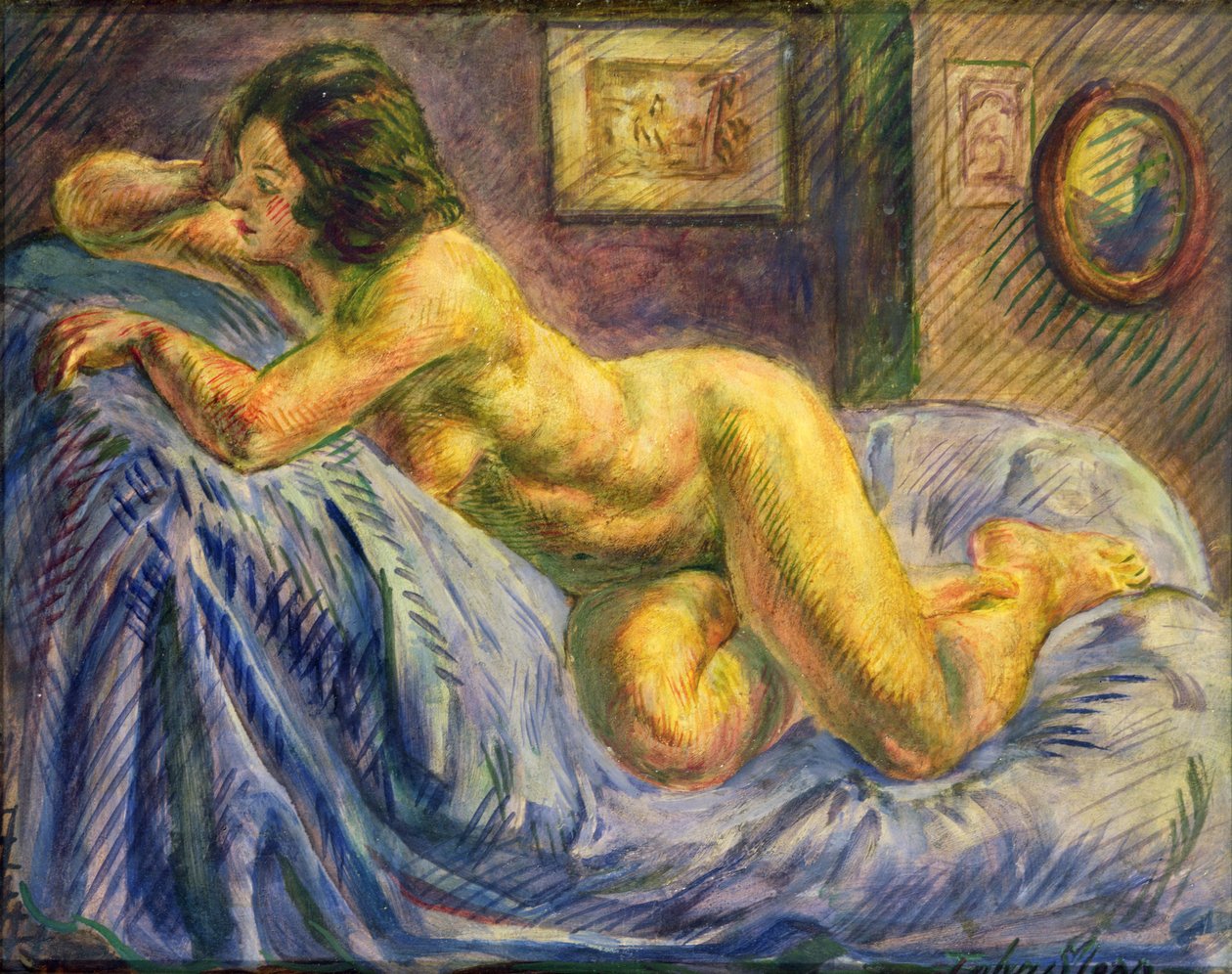 Nøgen på blå (olie på panel) af John Sloan