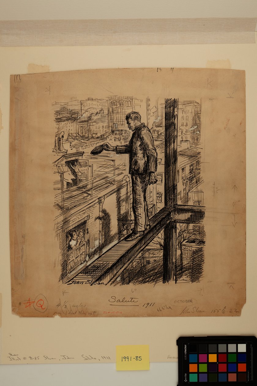 Salut, ca. 1911 (blæk, kul og zinkhvid maling på papir) af John French Sloan