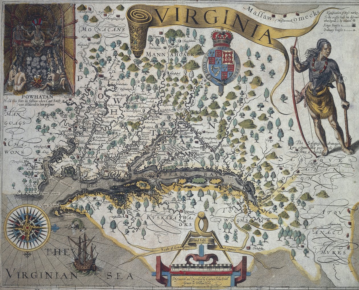 Virginian kartta: Upotus (vasemmalla) näyttää intialaisen päällikön Powhatanin kotan sisustuksen, kirjoittanut John Smith (1580-1631) af John Smith