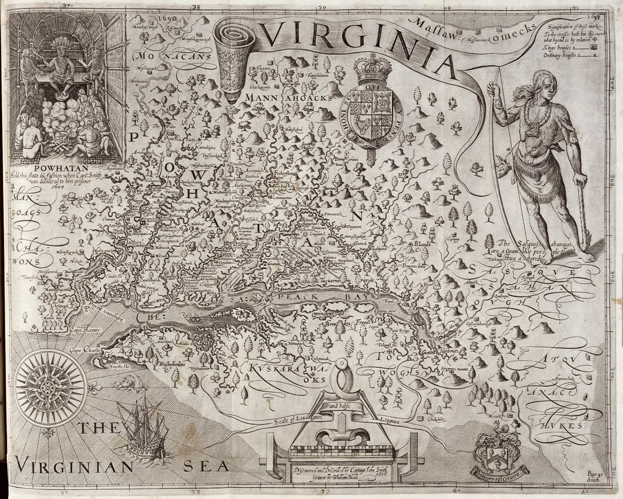 Kort over Virginia, opdaget og beskrevet af kaptajn John Smith, 1606, indgraveret af William Hole (fl. 1607-24), udgivet 1612 (se også 174212) af John Smith 2