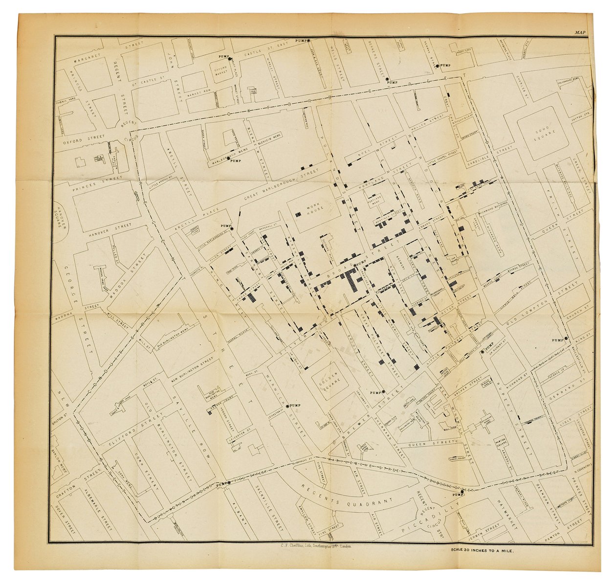 A map from "On the Mode of Communication of Cholera", 1855dani af John Snow