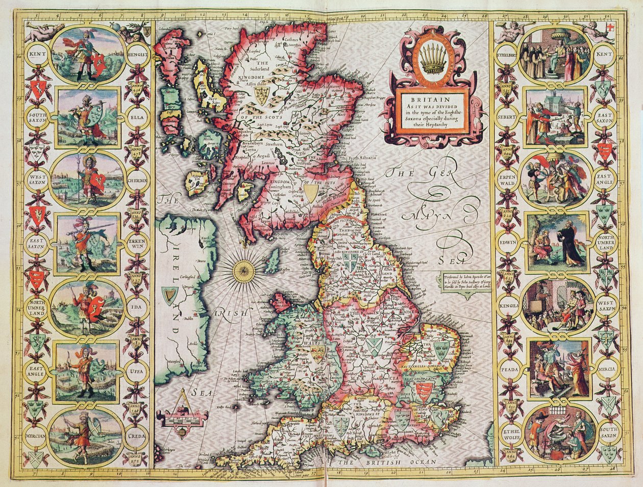 Storbritannien, som det blev besluttet i de engelske sakseres tid, især under deres heptarki (håndfarvet kobberstik) af John Speed