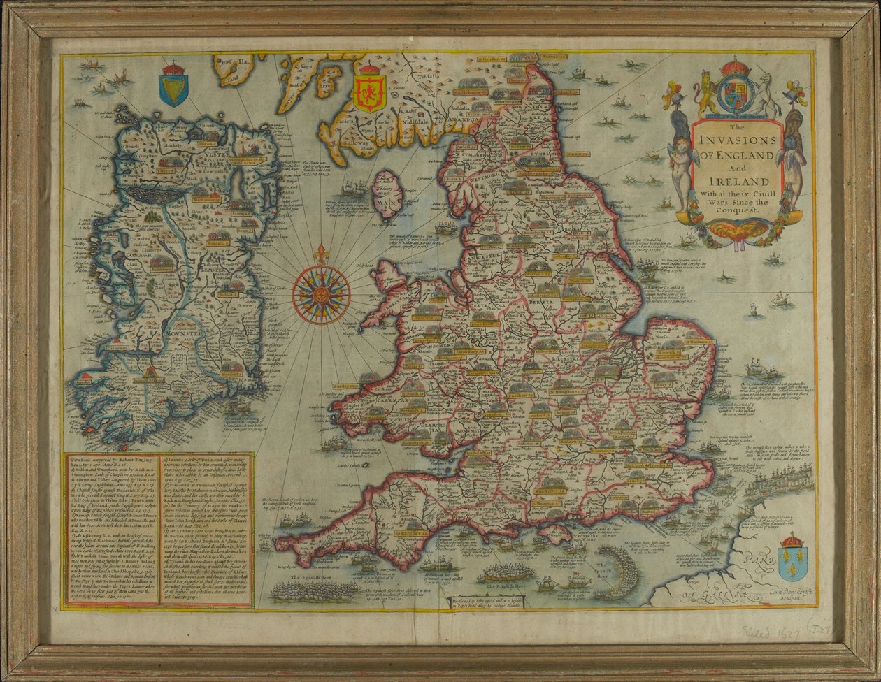 Kort, der viser invasionerne af England og Irland med al [sic] deres borgerkrige siden erobringen, ca. 1627 (håndfarvet gravering) af John Speed