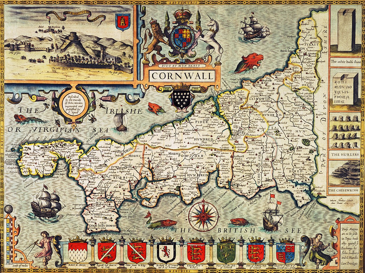 Kort over Cornwall fra "Theatre of the Empire of Great Britain", udgivet i London af George Humble, 1627-udgaven (håndkoloreret stik) af John Speed