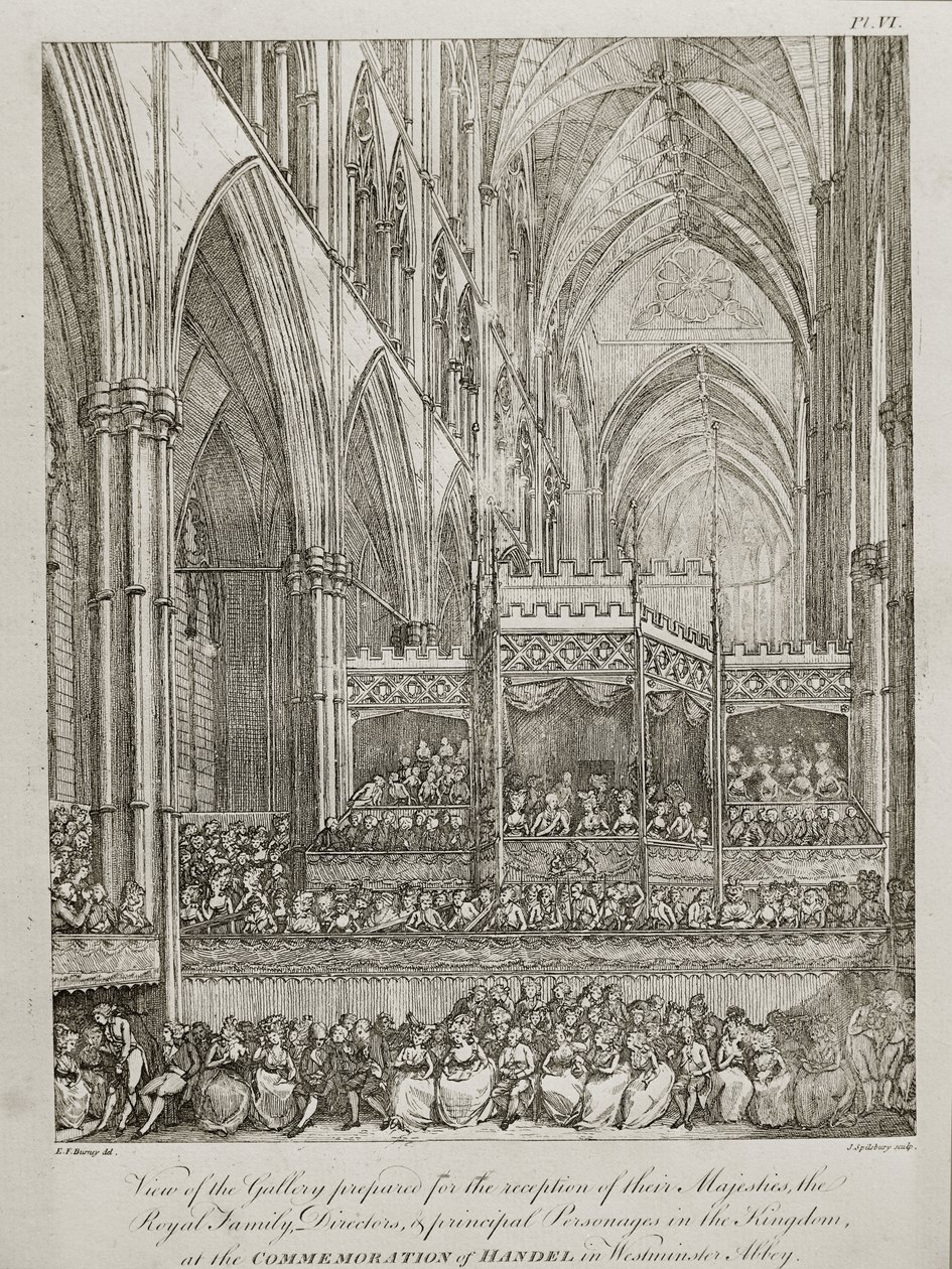 koncert til minde om 25-året for George Frederick Handel (1685-1759) - Udsigt over galleriet forberedt til modtagelsen af deres Majestæter den kongelige familie af John Spilsbury