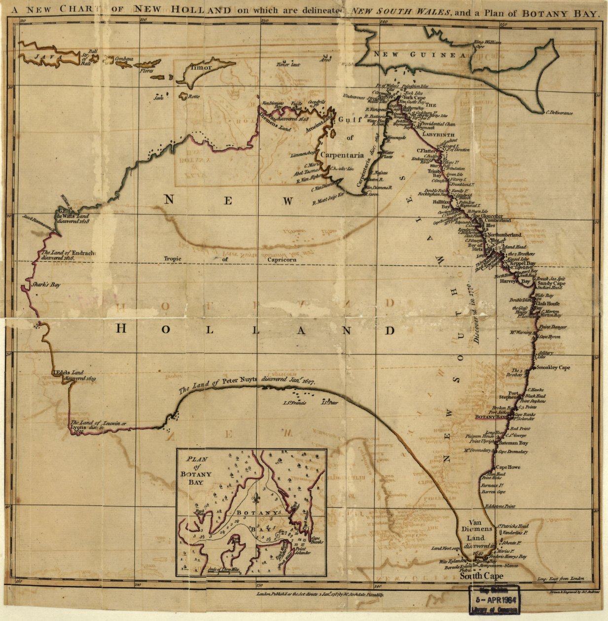 Et nyt kort over New Holland, hvor New South Wale er indtegnet, og en plan for Botany Bay. LOC 00556400 af John Stockdale