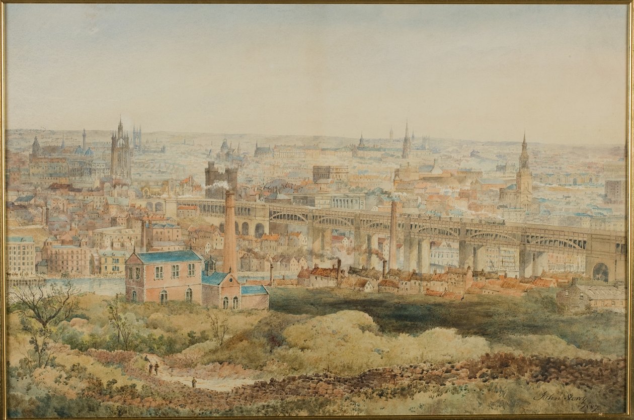 Newcastle upon Tyne fra Windmill Hills, Gateshead, 1887 (blyant og wc på papir) af John Storey