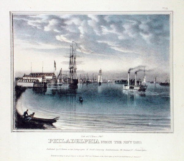 Philadelphia fra Navy Yard, ca. 1840 (farve litho) af John T. Bowen