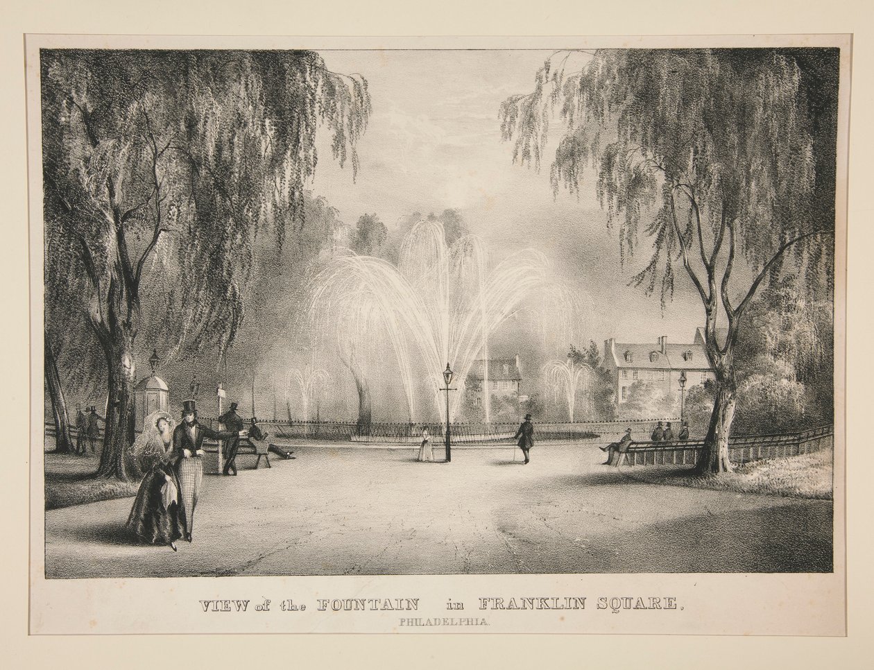 Udsigt over springvandet på Franklin Square, Philadelphia af John T. Bowen