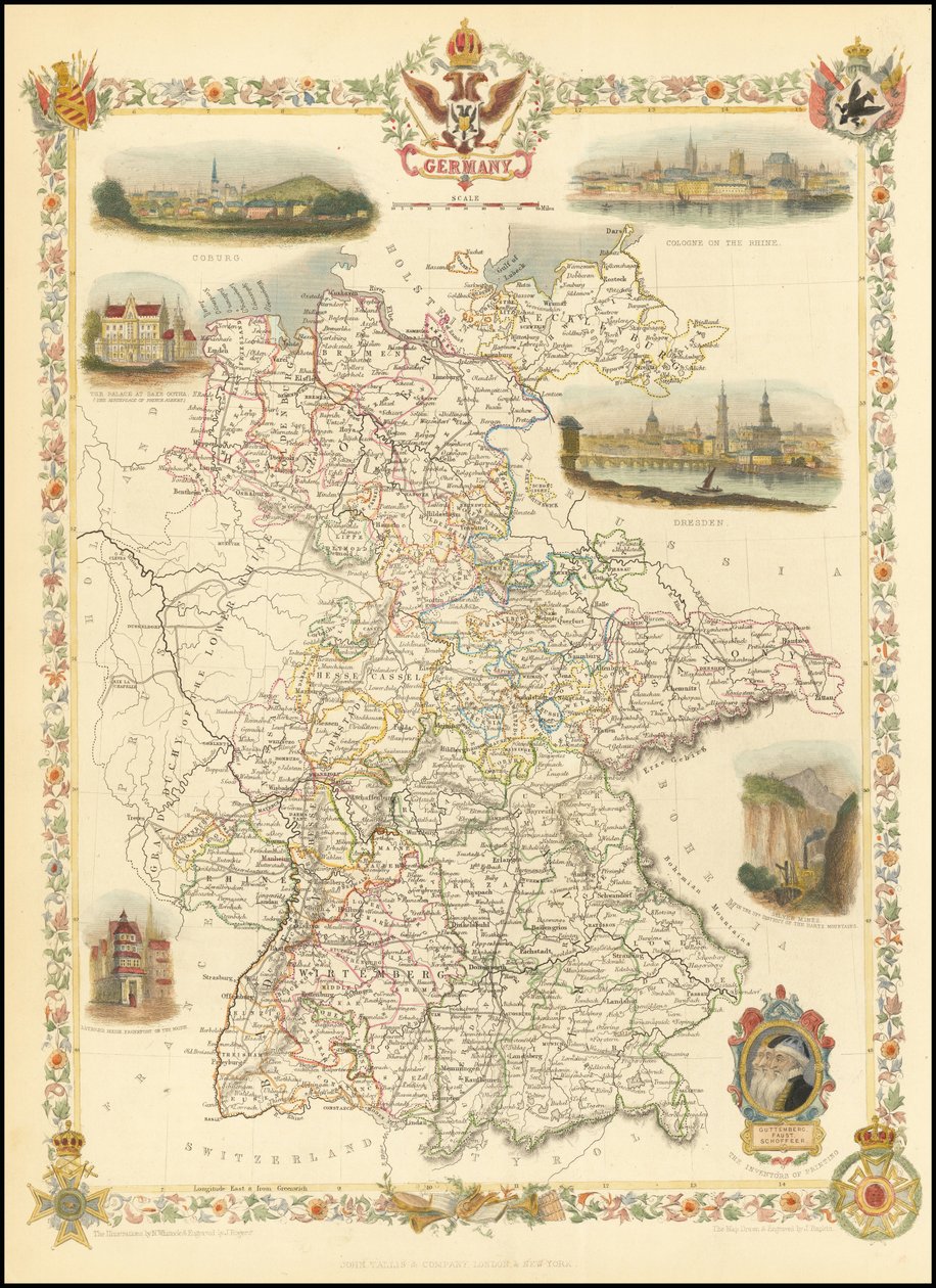 1851 kort over Tyskland af John Tallis