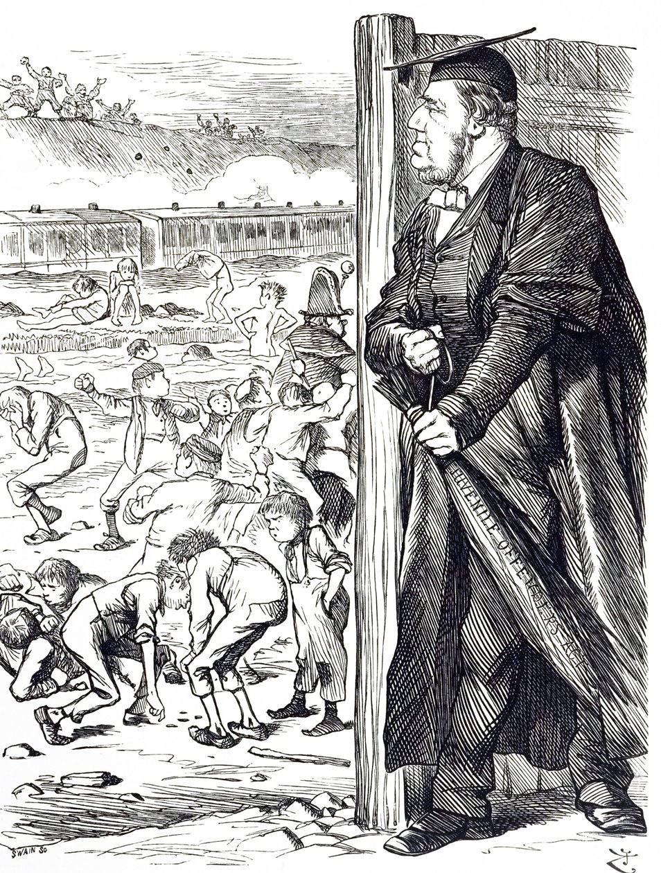 En tegneserie, der forestiller William Vernon Harcourt (1827-1904), som da indenrigsministeren anbefalede indførelsen af birken i stedet for tilbageholdelse for unge lovovertrædere. Illustreret af John Tenniel (1820-1914), en engelsk illustrator, grafisk h af John Tenniel
