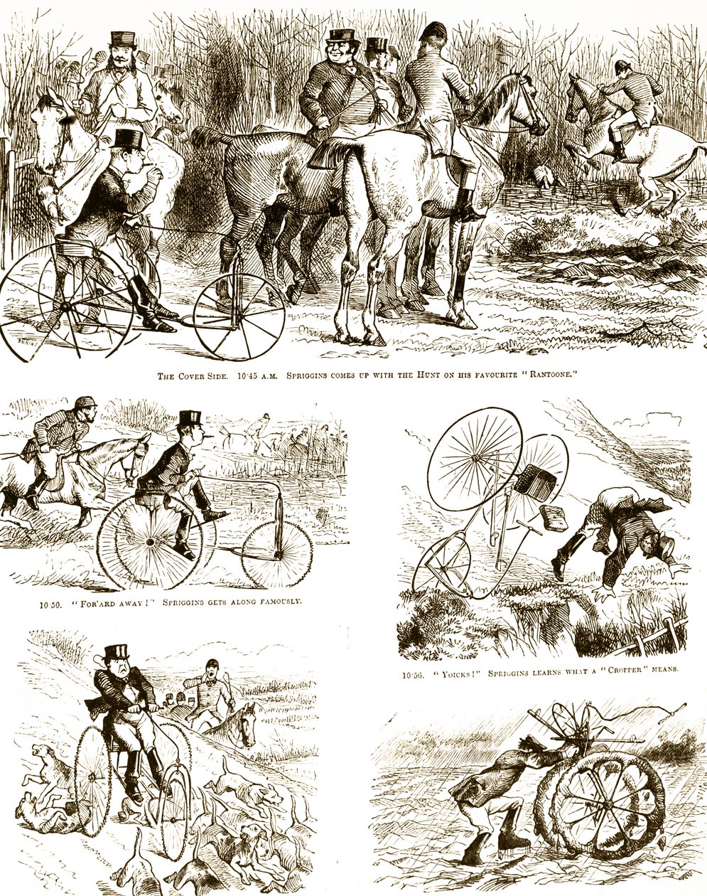 En tegneserie, der forestiller en mand, der jager på en trehjulet cykel. Illustreret af John Tenniel (1820-1914), en engelsk illustrator, grafisk humorist og politisk tegneserieskaber af John Tenniel