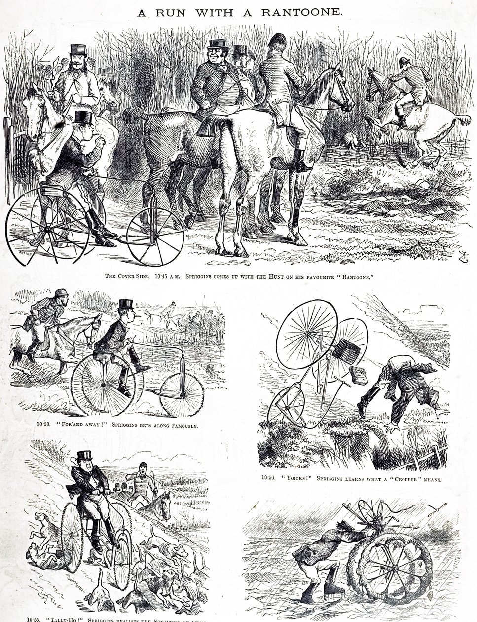 En tegneserie, der forestiller en mand, der jager på en trehjulet cykel. Illustreret af John Tenniel (1820-1914), en engelsk illustrator, grafisk humorist og politisk tegneserieskaber af John Tenniel
