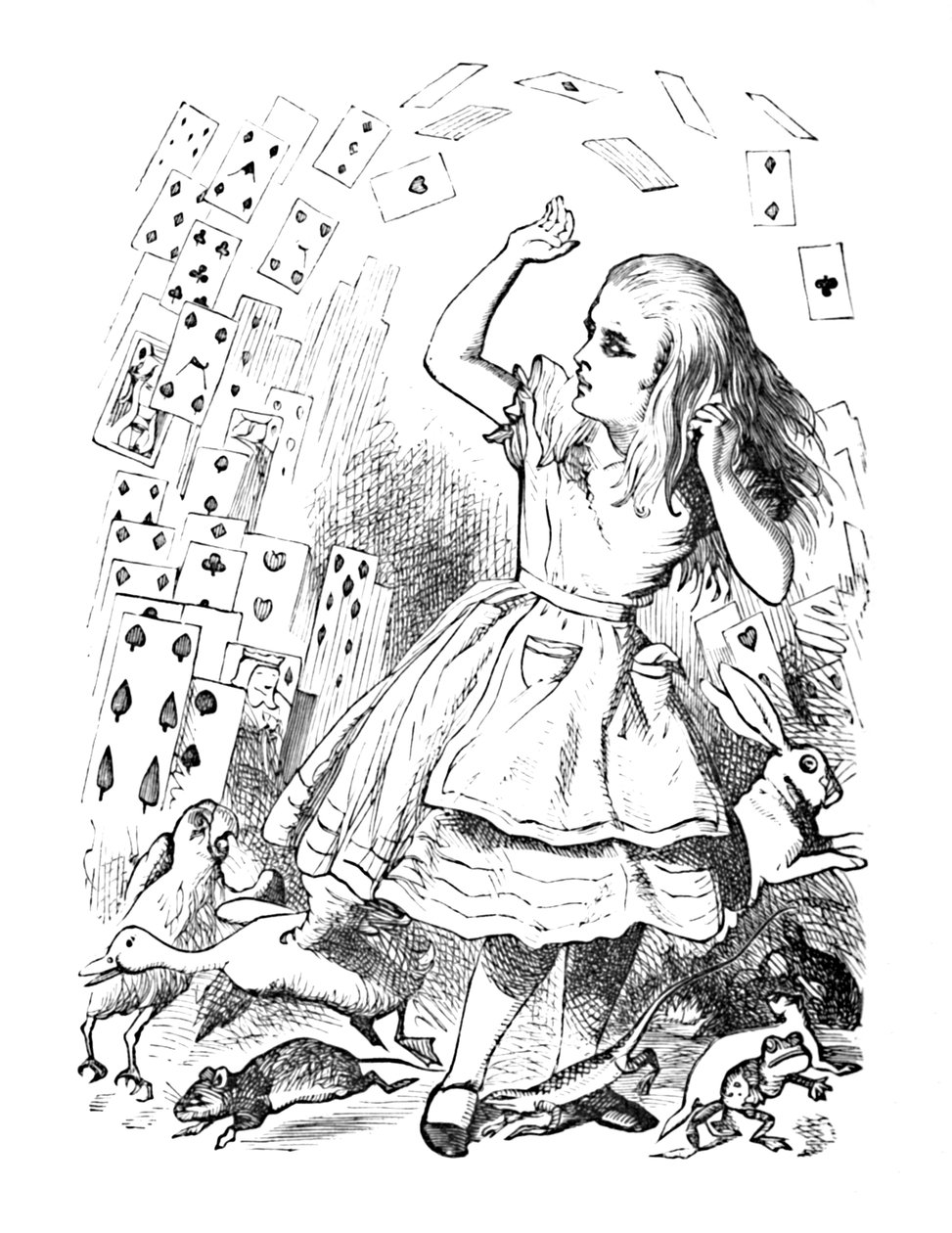 En pakke kort flyver op over Alice, 1889 af John Tenniel