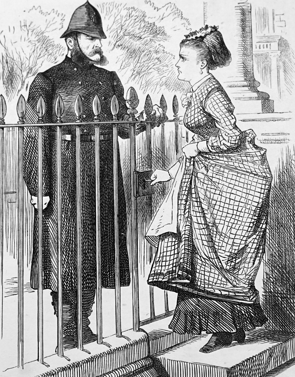 En politimand taler med en ung kvinde af John Tenniel