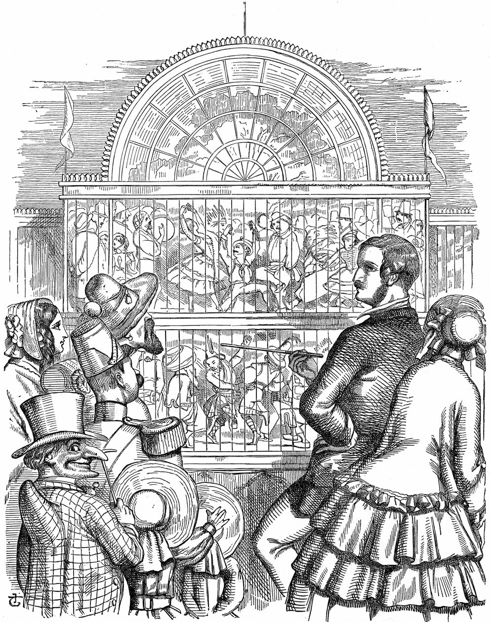 Albert, Prince Consort of Queen Victoria, viser Crystal Palace og den store udstilling i Hyde Park, London. John Tenniel tegnefilm fra Punch London 1851. Trægravering af John Tenniel